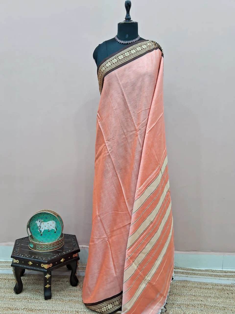 Pastel Orange Plain Narayanpet Cotton Saree 