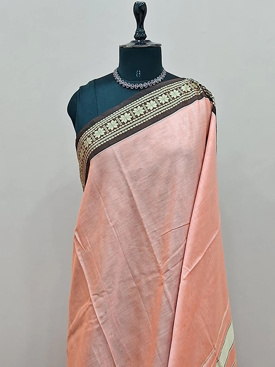 Pastel Orange Plain Narayanpet Cotton Saree 1