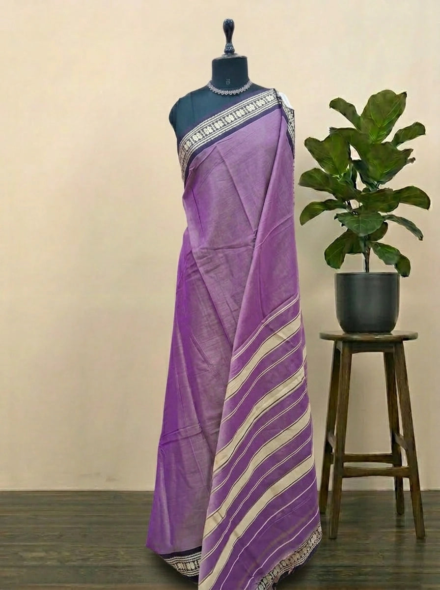 Pastel Purple Plain Narayanpet Cotton Saree 