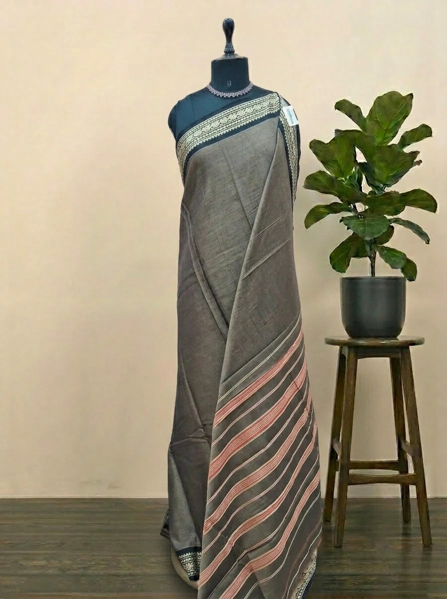 Steel Grey Plain Narayanpet Cotton Saree 