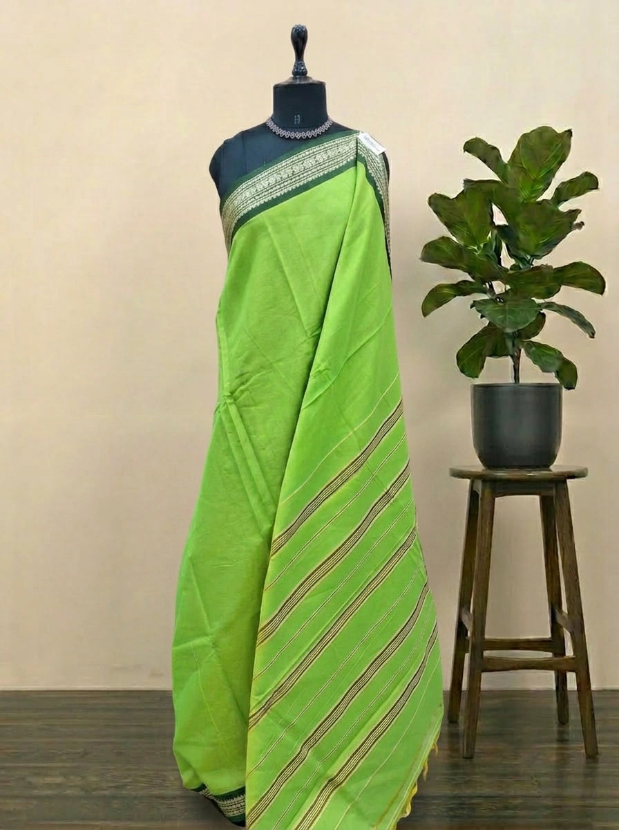Bright Green Plain Narayanpet Cotton Saree 