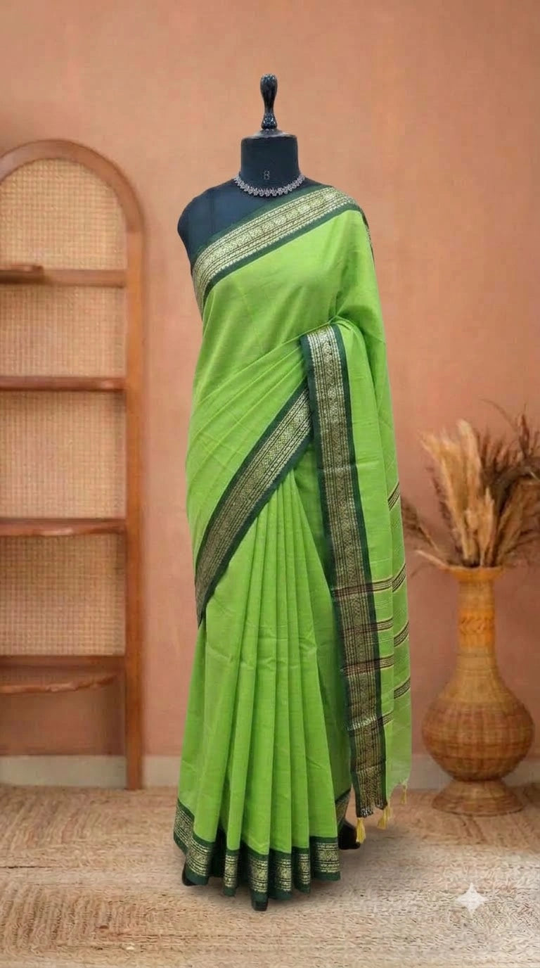 Bright Green Plain Narayanpet Cotton Saree 