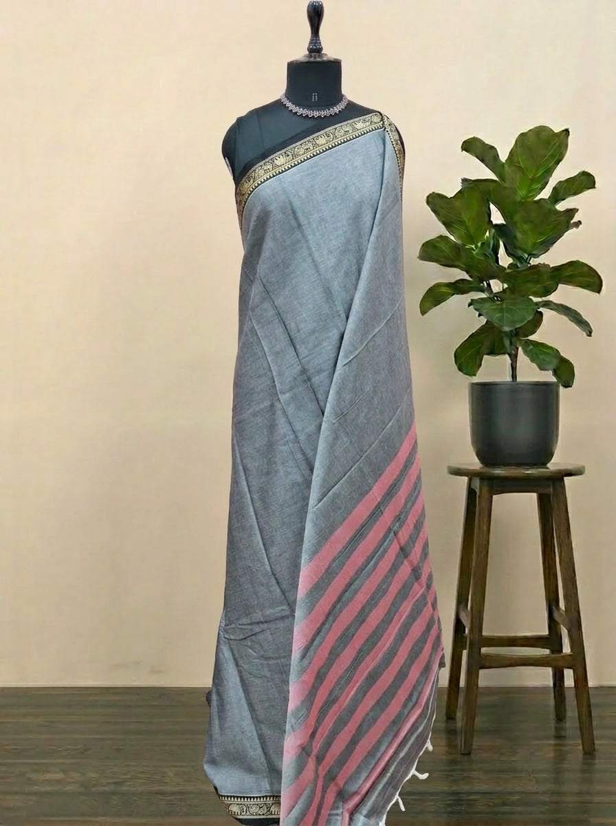 Grey Plain Narayanpet Cotton Saree