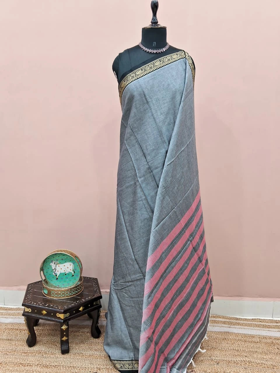 Grey Plain Narayanpet Cotton Saree