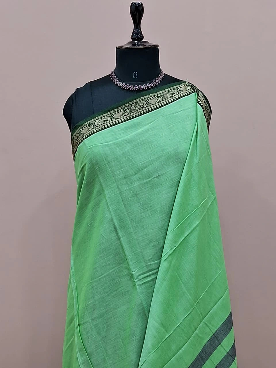 Mint Green Plain Narayanpet Cotton Saree 1