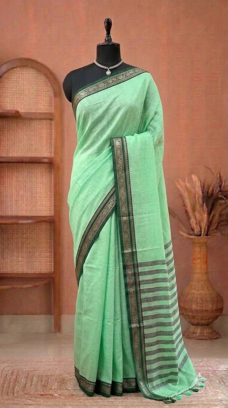 Mint Green Plain Narayanpet Cotton Saree