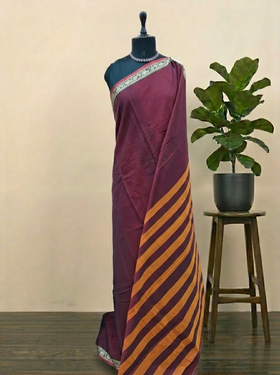 Dark Maroon Plain Narayanpet Cotton Saree