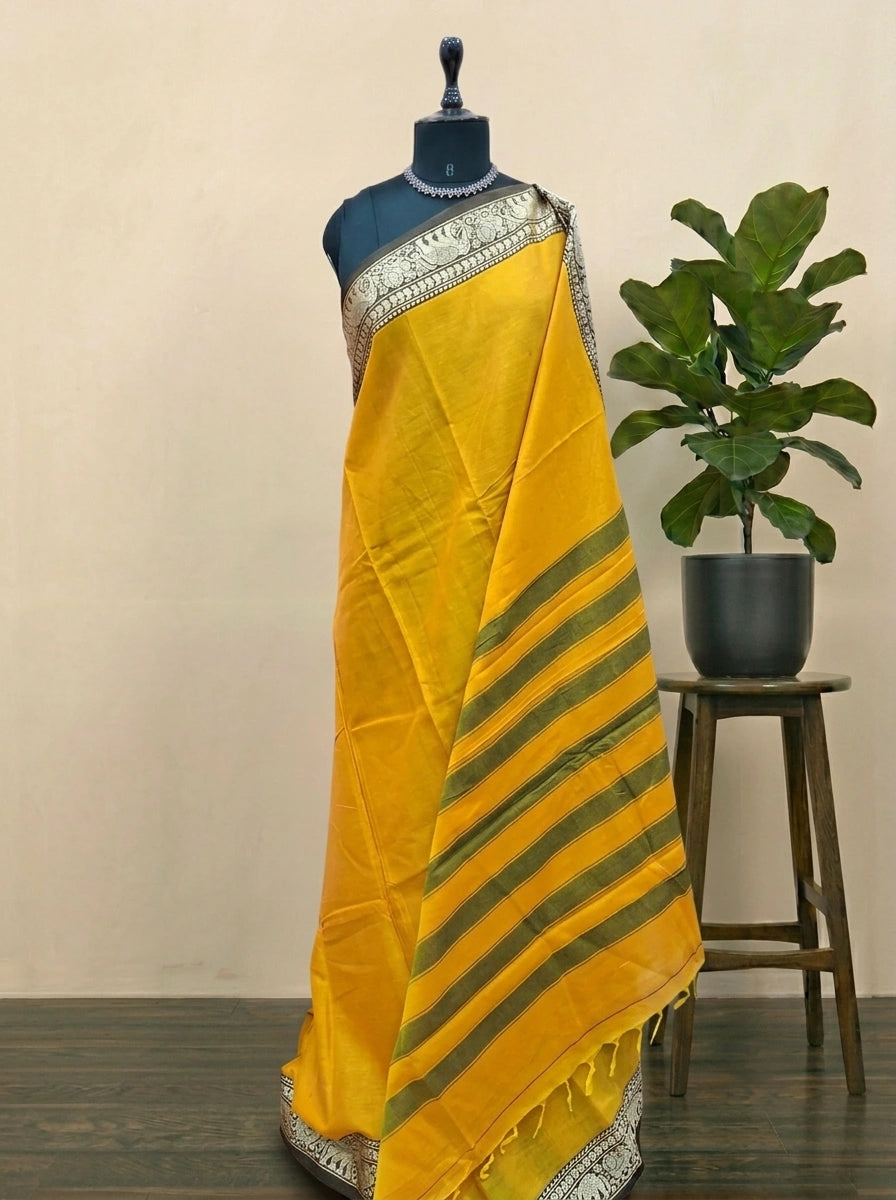 Elegant Mango Yellow Plain Narayanpet Cotton Saree 
