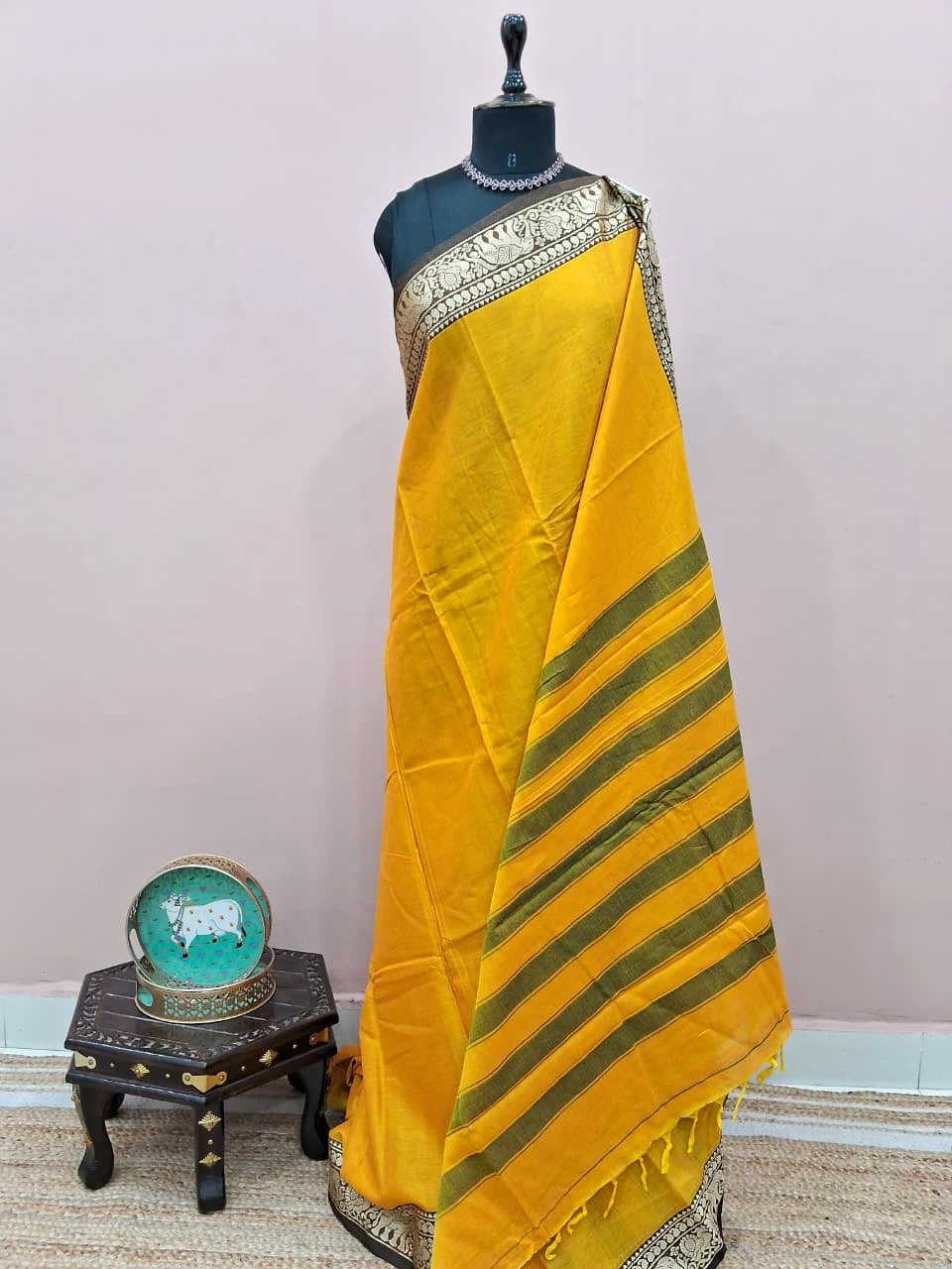 Elegant Mango Yellow Plain Narayanpet Cotton Saree 