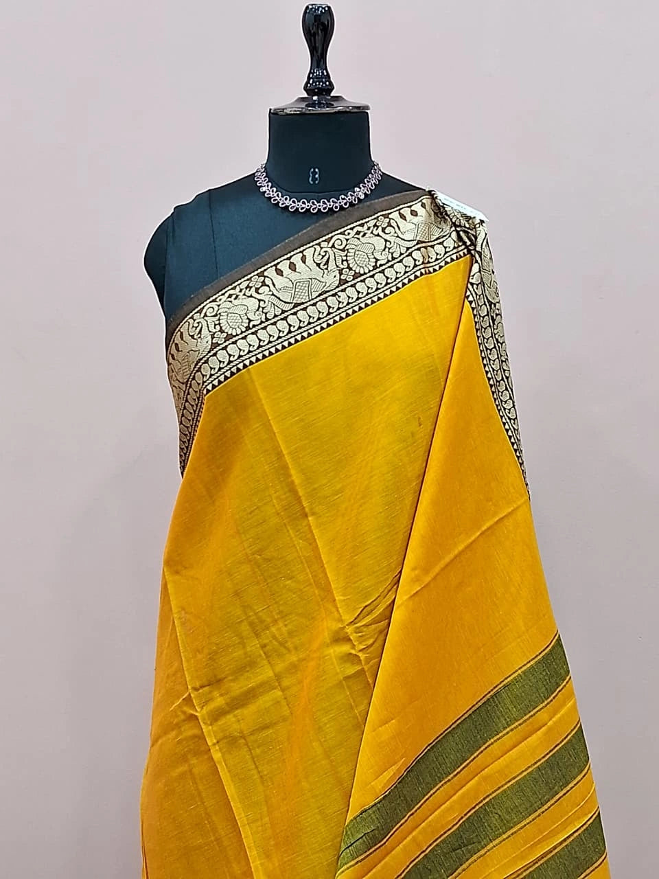 Elegant Mango Yellow Plain Narayanpet Cotton Saree 1