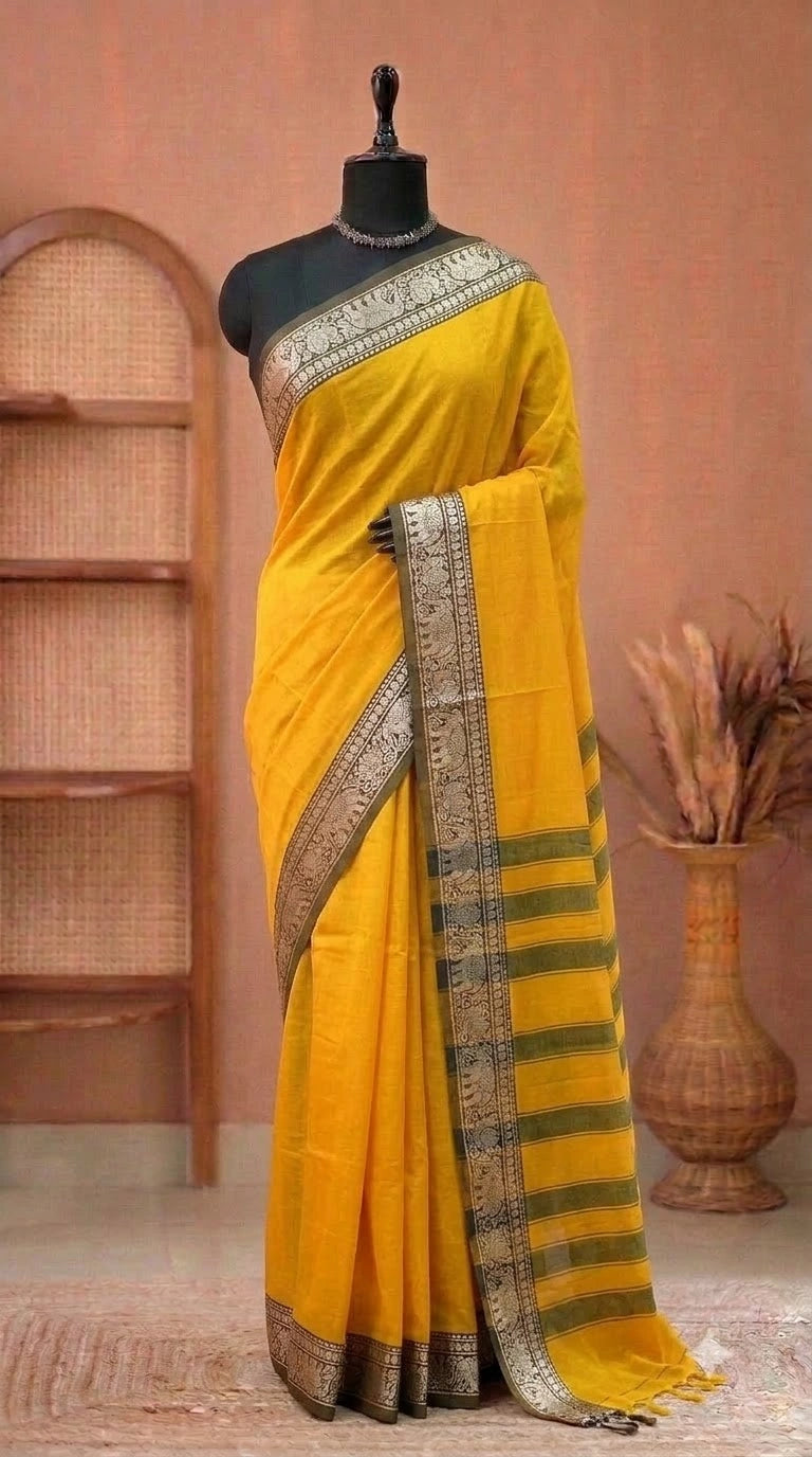 Elegant Mango Yellow Plain Narayanpet Cotton Saree 