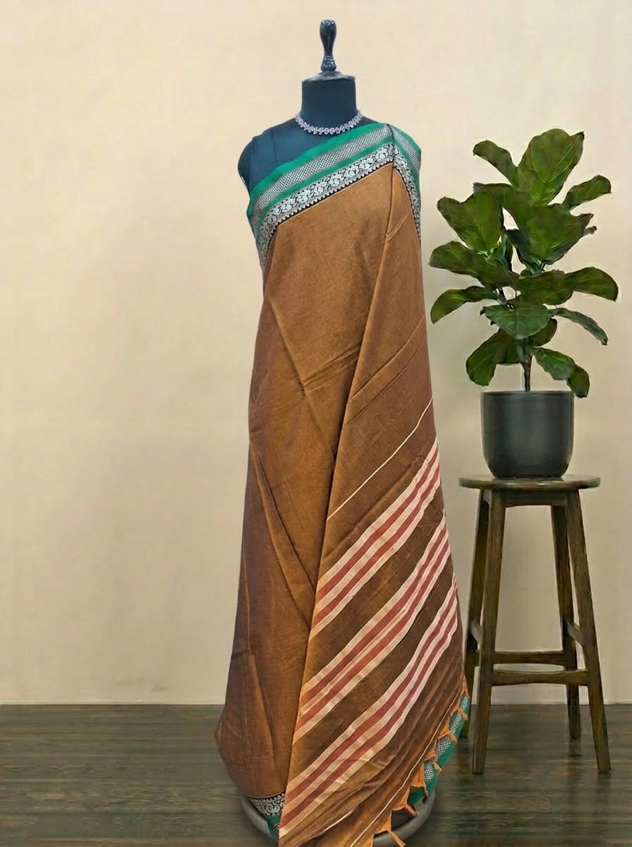Golden Brown Plain Narayanpet Cotton Saree