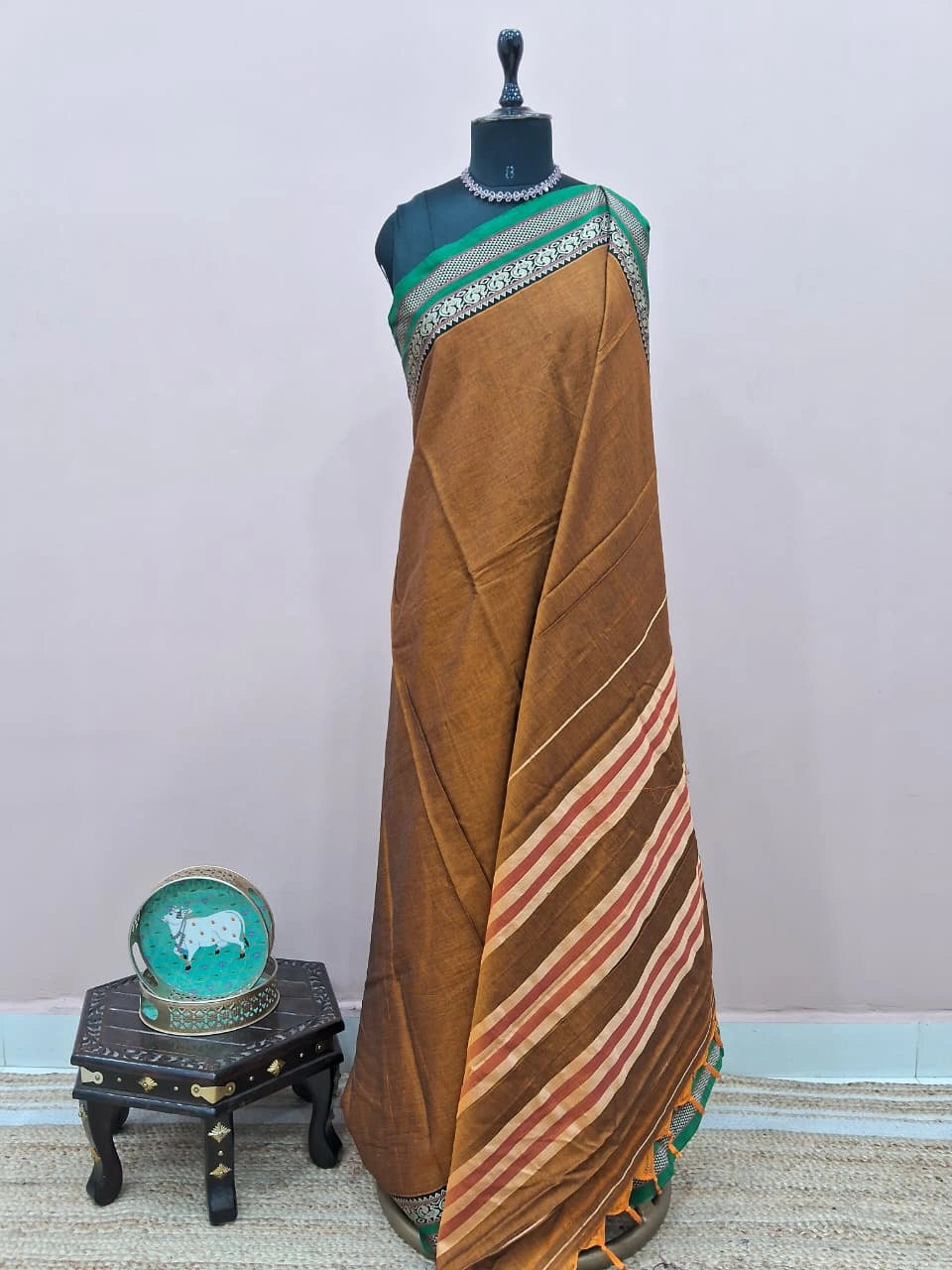 Golden Brown Plain Narayanpet Cotton Saree