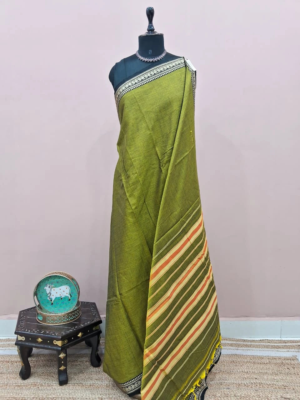 Olive Green Plain Narayanpet Cotton Saree 