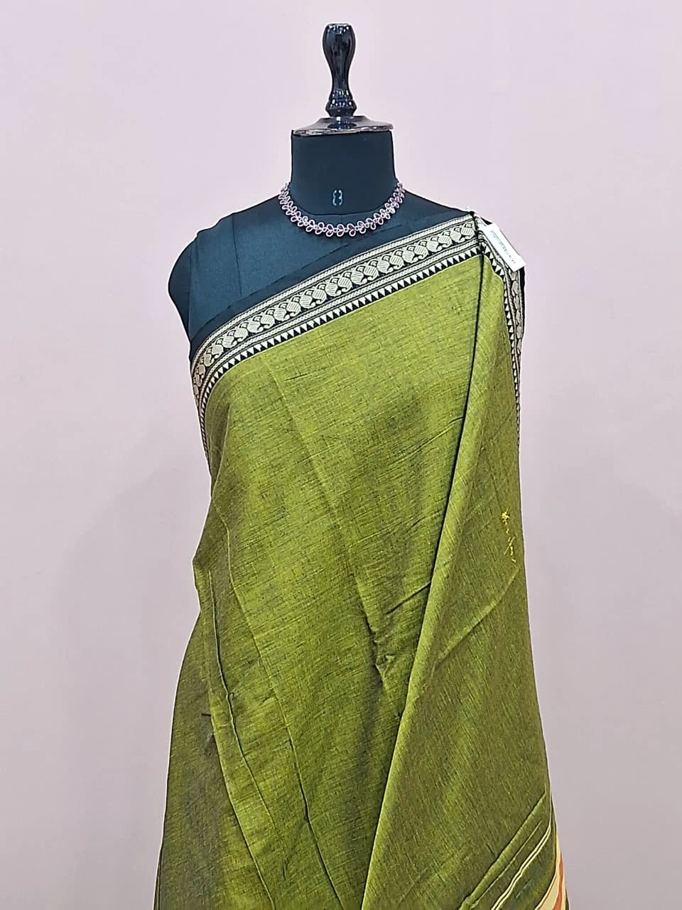 Olive Green Plain Narayanpet Cotton Saree  1