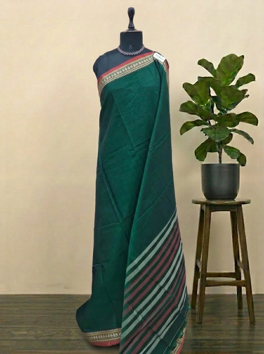 Bottle Green Plain Narayanpet Cotton Saree