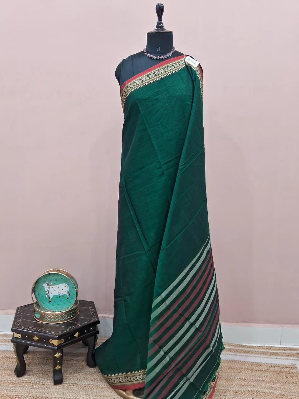 Bottle Green Plain Narayanpet Cotton Saree