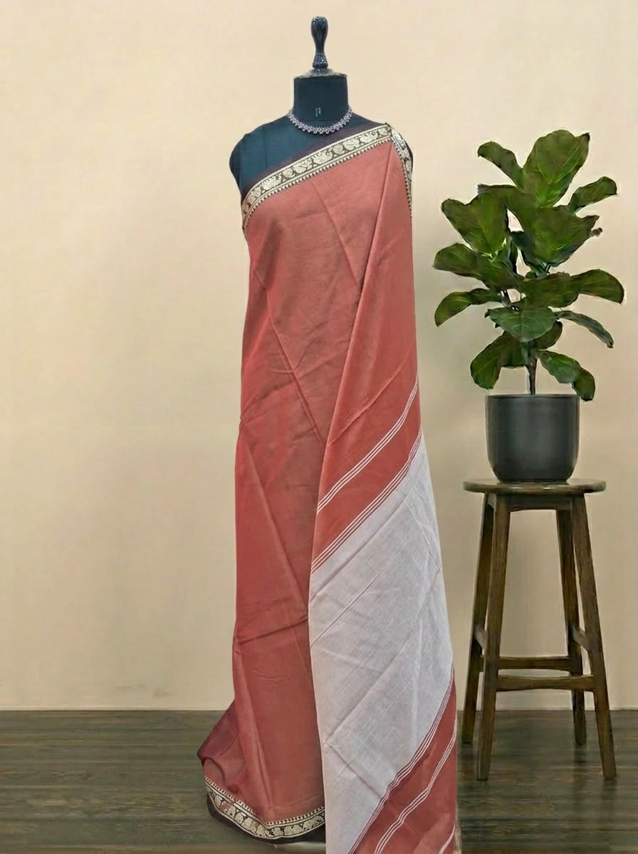 Burnt Orange Plain Narayanpet Cotton Saree 