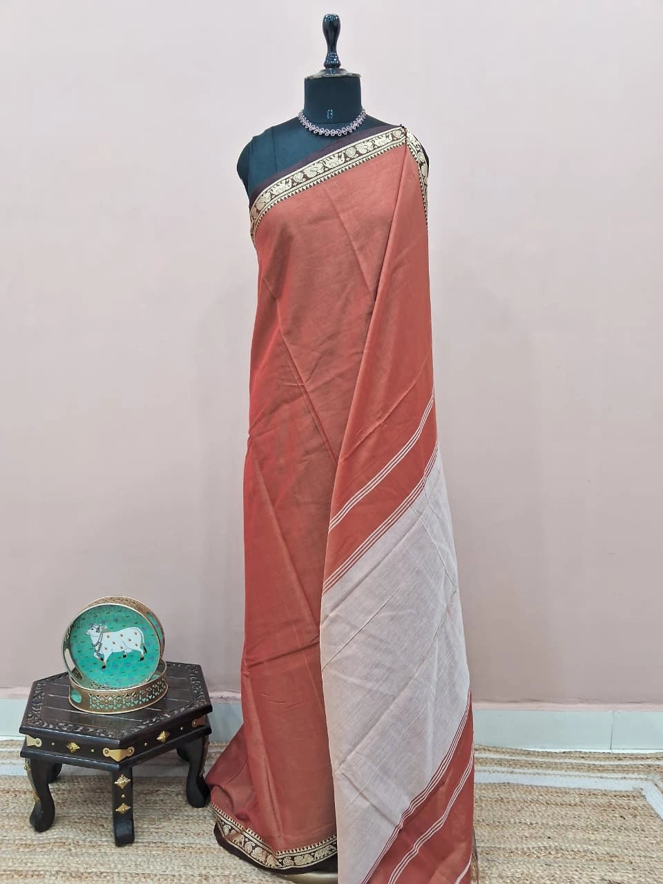 Burnt Orange Plain Narayanpet Cotton Saree 