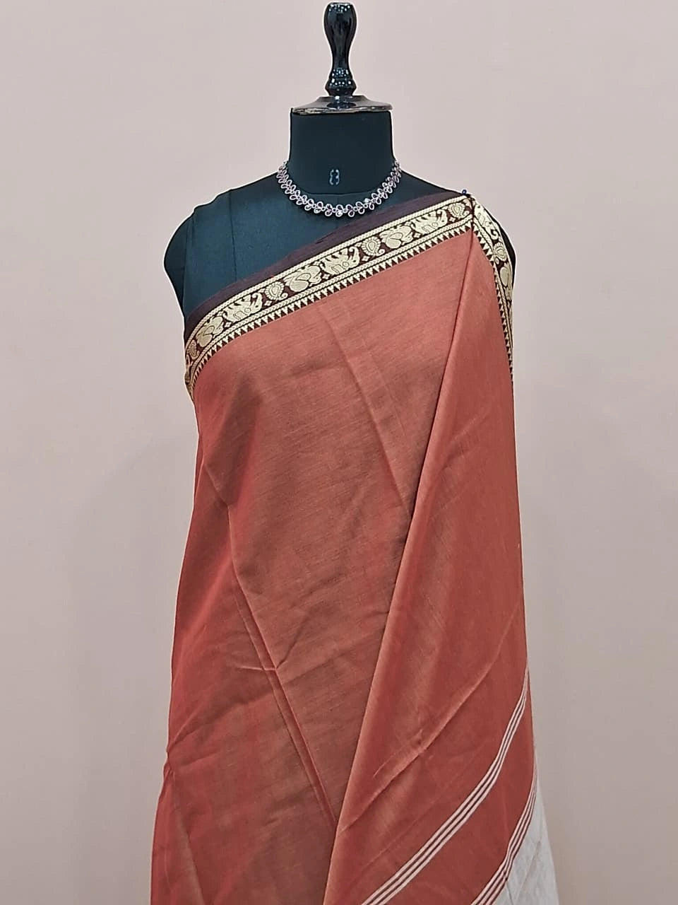 Burnt Orange Plain Narayanpet Cotton Saree 1