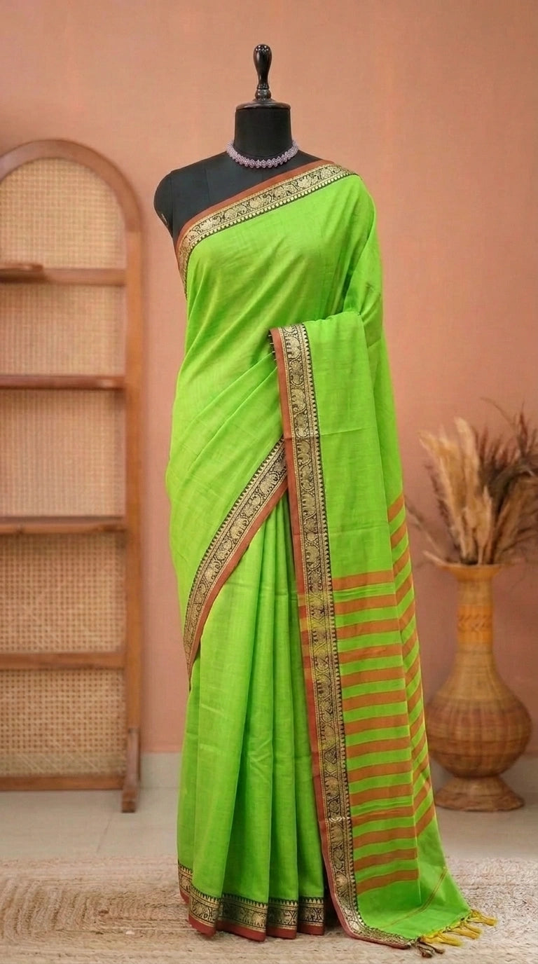 Parrot Green Plain Narayanpet Cotton Saree