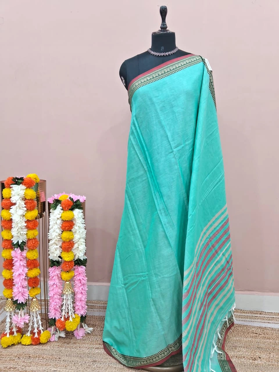 Aqua Blue Plain Narayanpet Cotton Saree