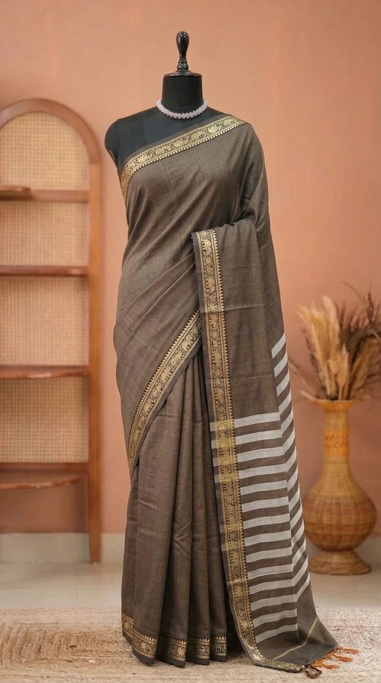 Dark Walnut Brown Plain Narayanpet Cotton Saree