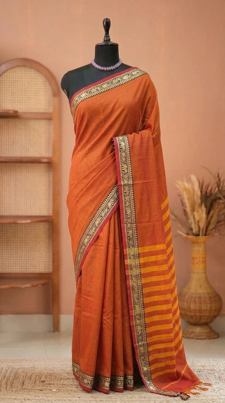 Dark Orange Plain Narayanpet Cotton Saree 