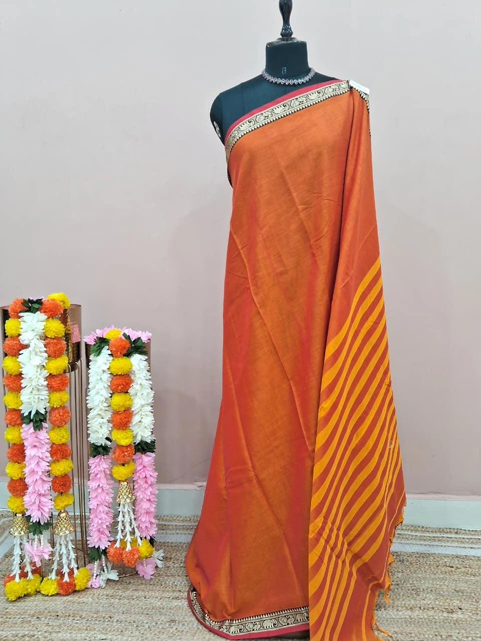 Dark Orange Plain Narayanpet Cotton Saree 