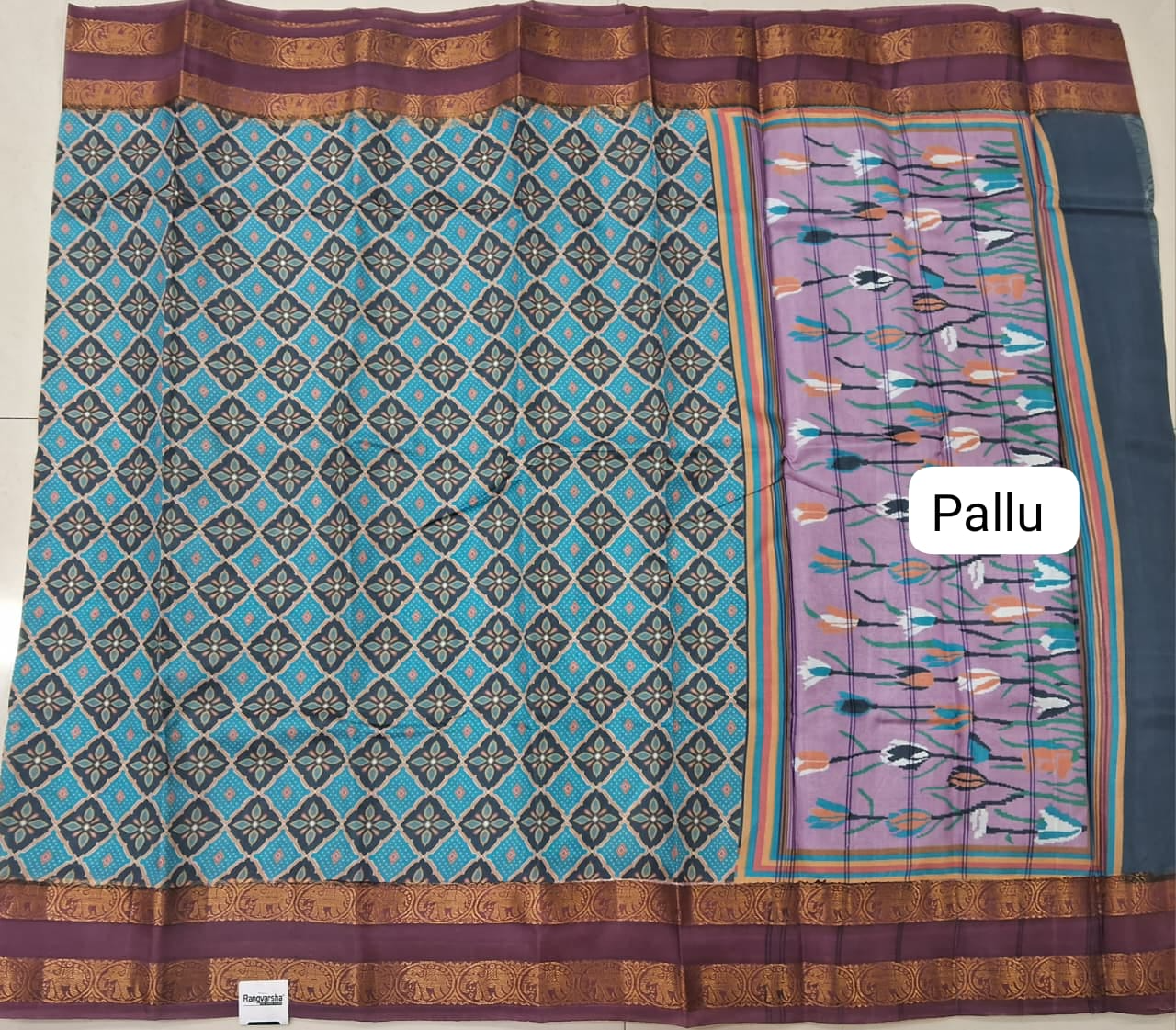 Sky Blue Traditional Banana Printed Silk Saree Pallu
