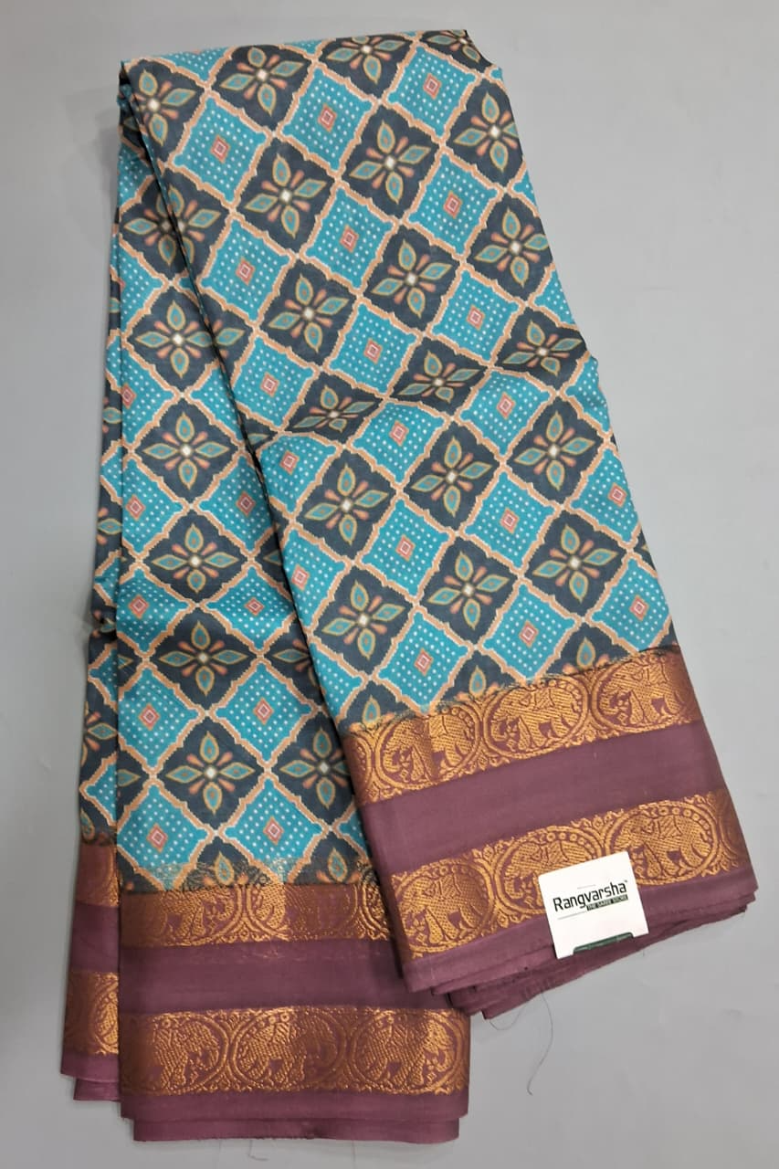 Sky Blue Traditional Banana Printed Silk Saree