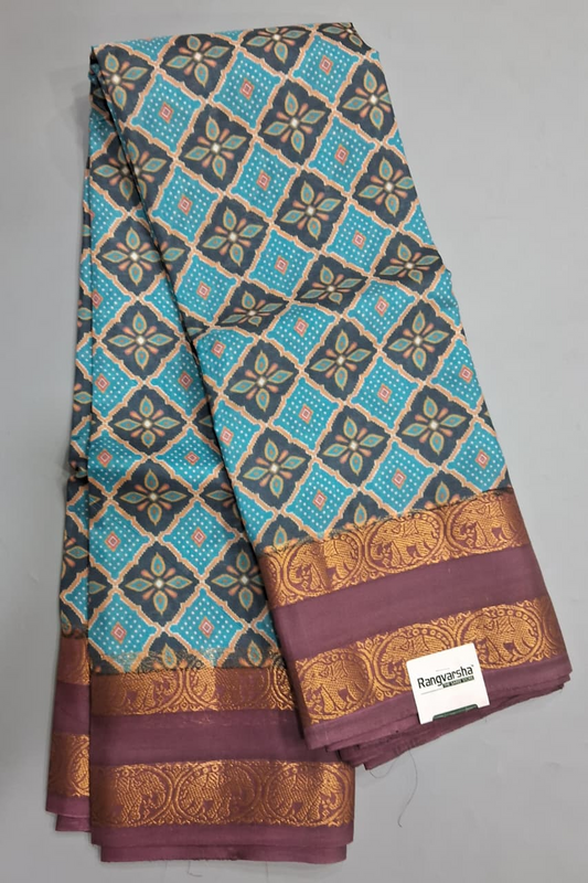 Sky Blue Traditional Banana Printed Silk Saree