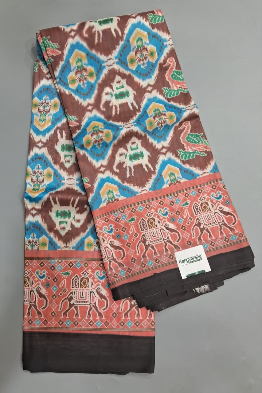 Sky Blue with Brown Banana printed silk Saree