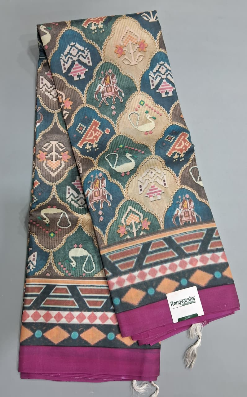 Multi coloured Banana printed silk Saree 