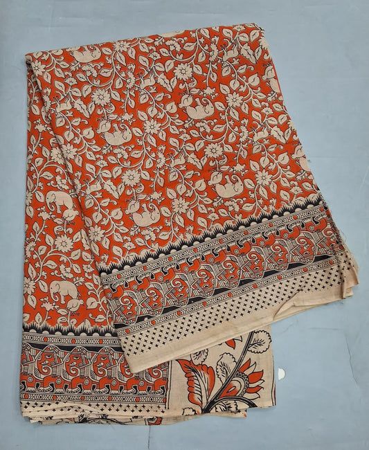 Orange kalamkari Cotton Saree