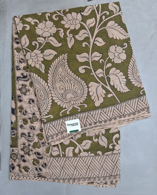 Olive Green kalamkari Cotton Saree 