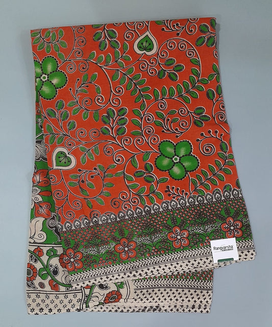 Orange kalmkari Cotton Saree