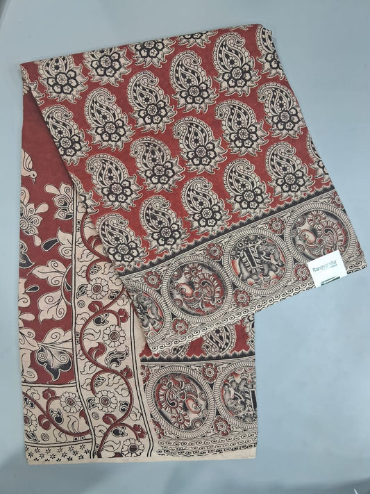Brick Red kalmkari Cotton Saree