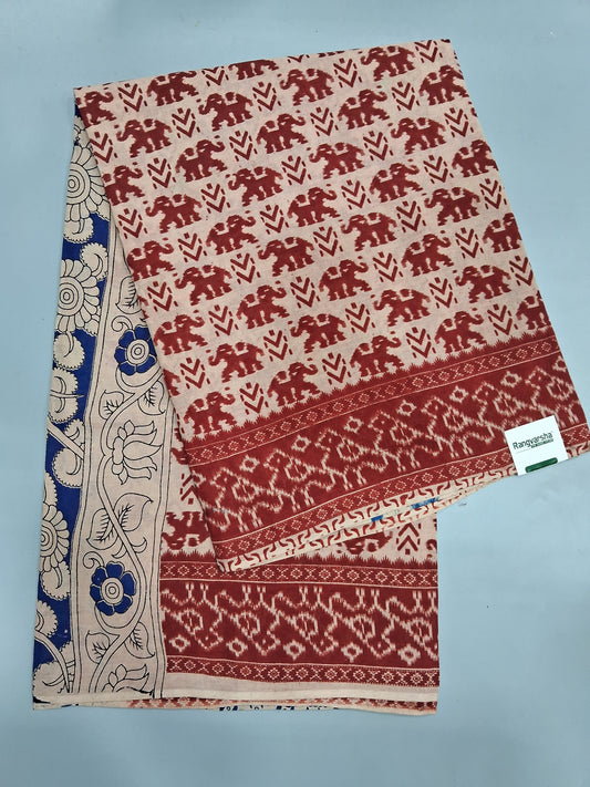 Cream kalmkari Cotton Saree