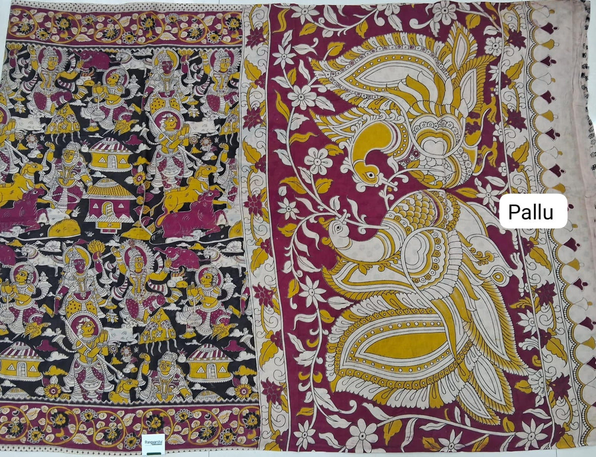 Black Kalamkari Cotton Saree pallu