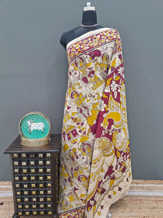 Graceful Cream Floral Kalamkari Cotton Saree