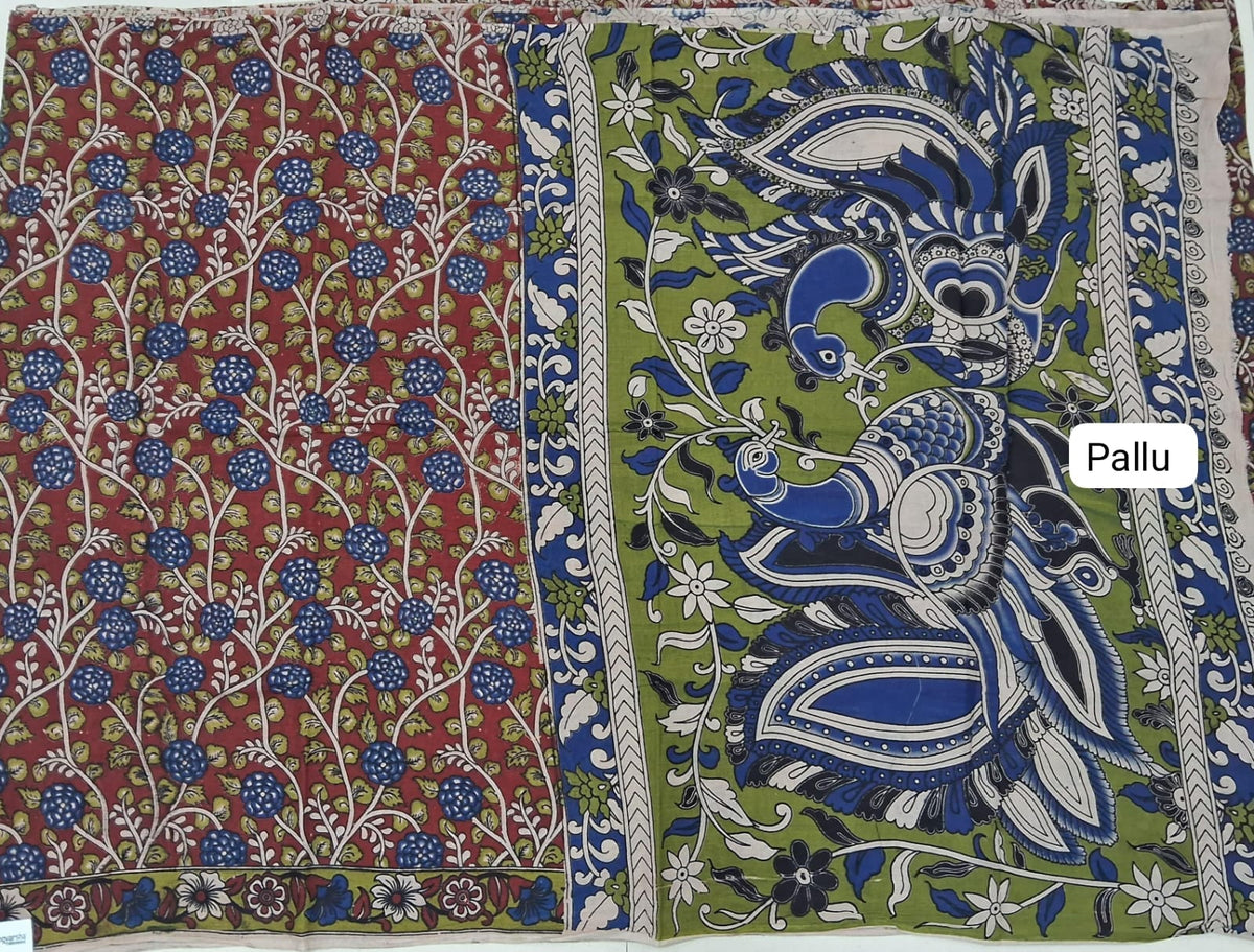 Red Kalamkari Cotton Saree pallu