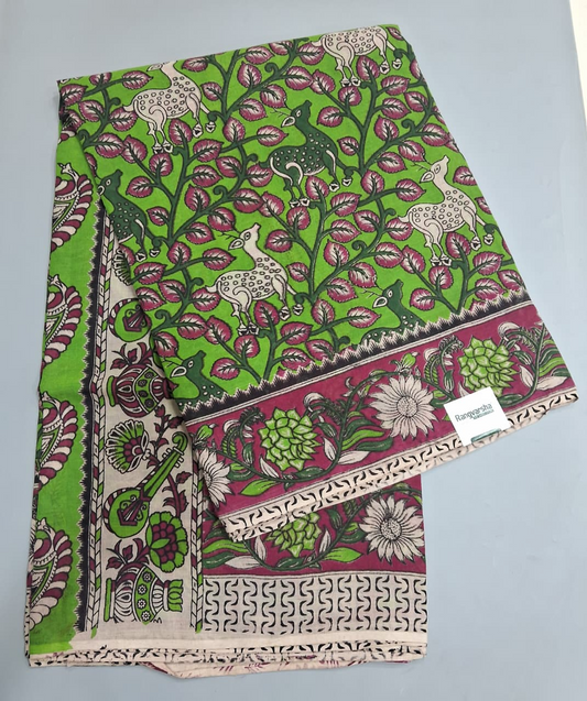 Bright Green kalamkari Cotton Saree
