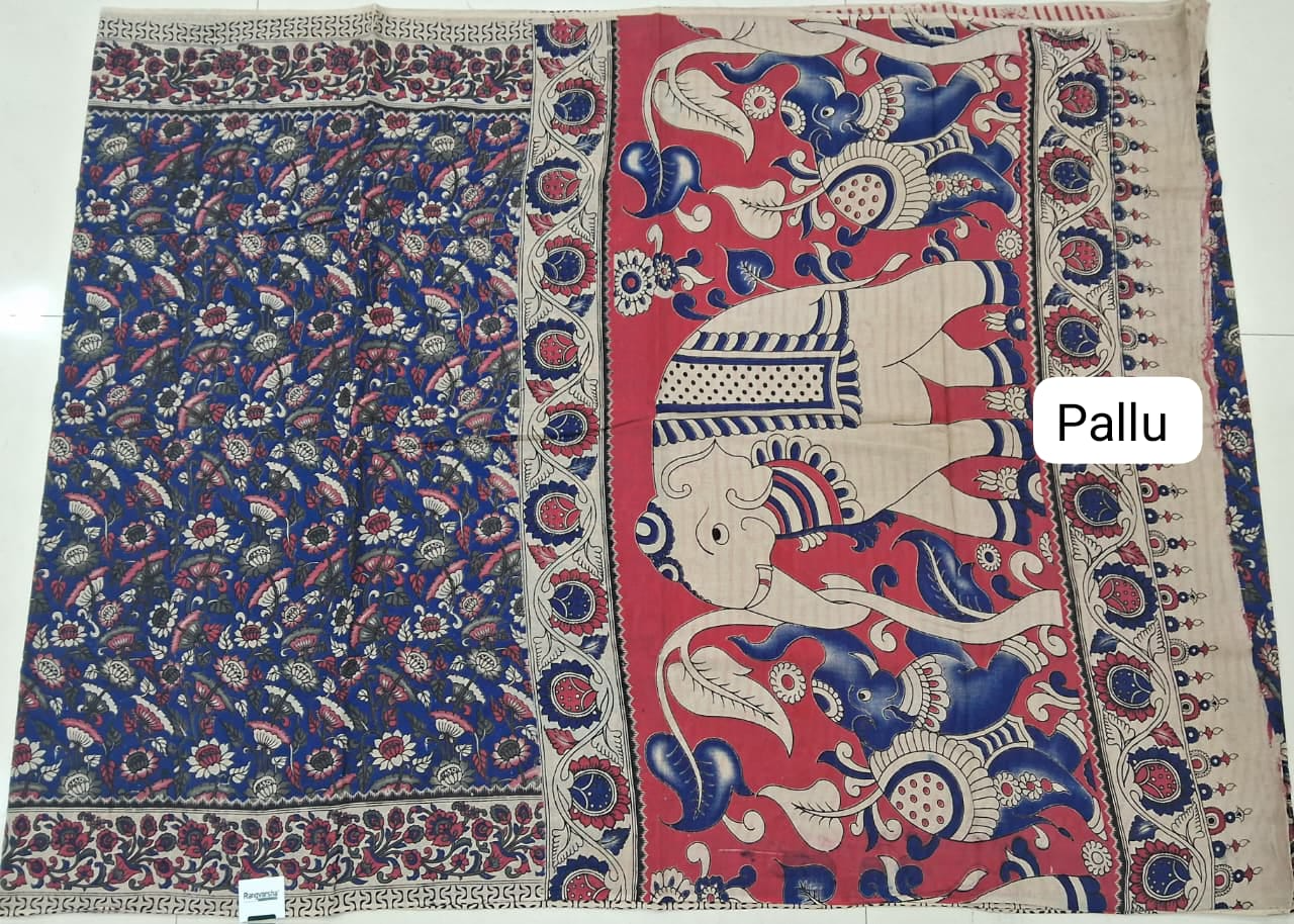 Navy Blue Kalamkari Cotton Saree pallu