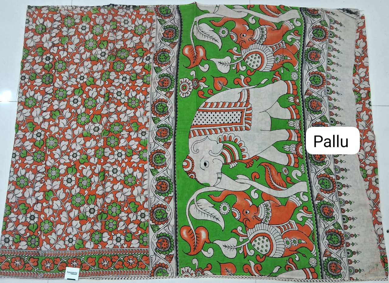 Orange Kalamkari Cotton Saree pallu
