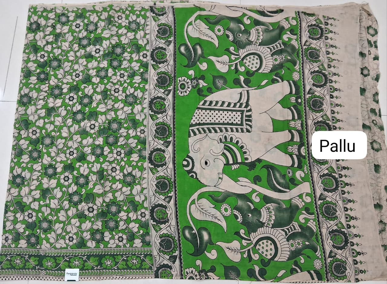 Leaf Green Kalamkari Cotton Saree pallu