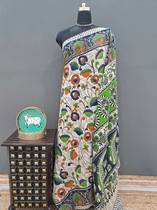 Cream Kalamkari Cotton Saree with Multicolor Floral Print