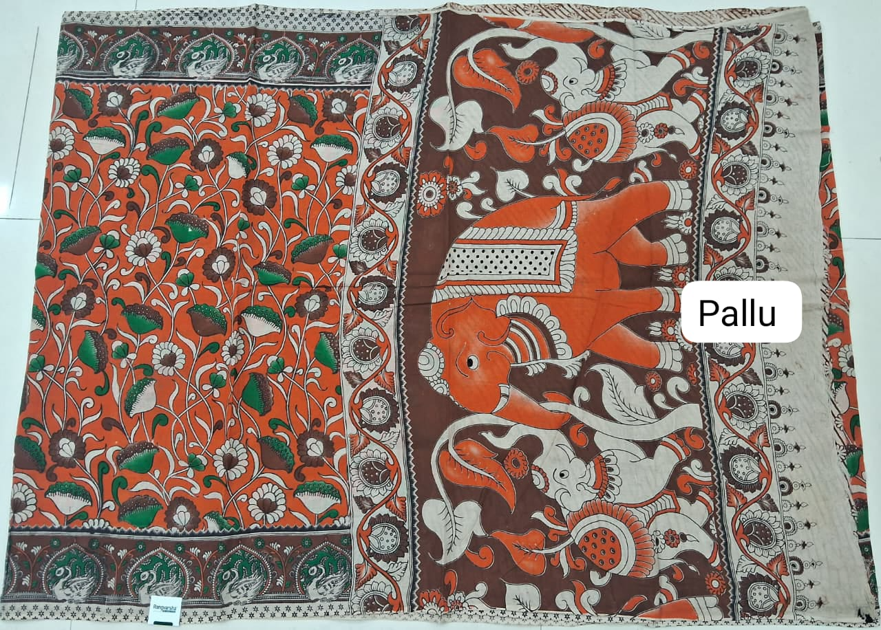 Dark Orange Kalamkari Cotton Saree pallu