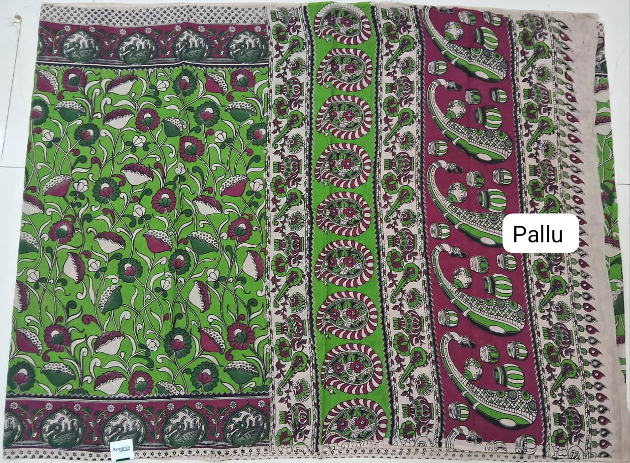 Leaf Green Kalamkari Cotton Saree pallu