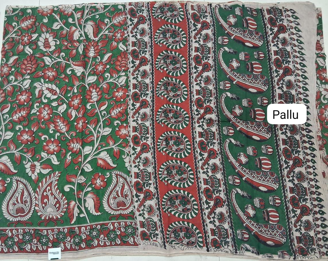 Seafoam Green Kalamkari Cotton Saree pallu